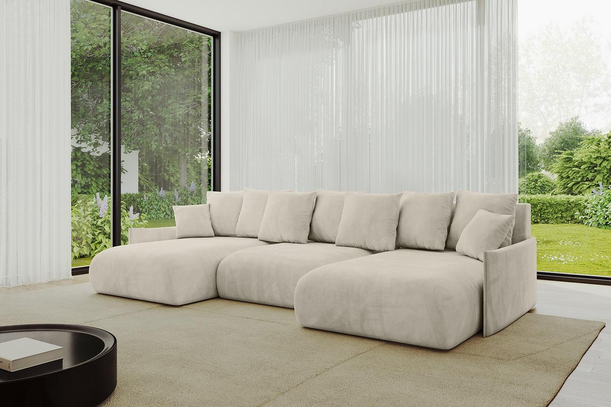 WOHNLANDSCHAFT mit Schlaffunktion und Bettkasten ONESK-U-v1 317x177x72 Ecru Velours - Ecru, Holzwerkstoff/Kunststoff (317/72/177cm) - ALTDECOR