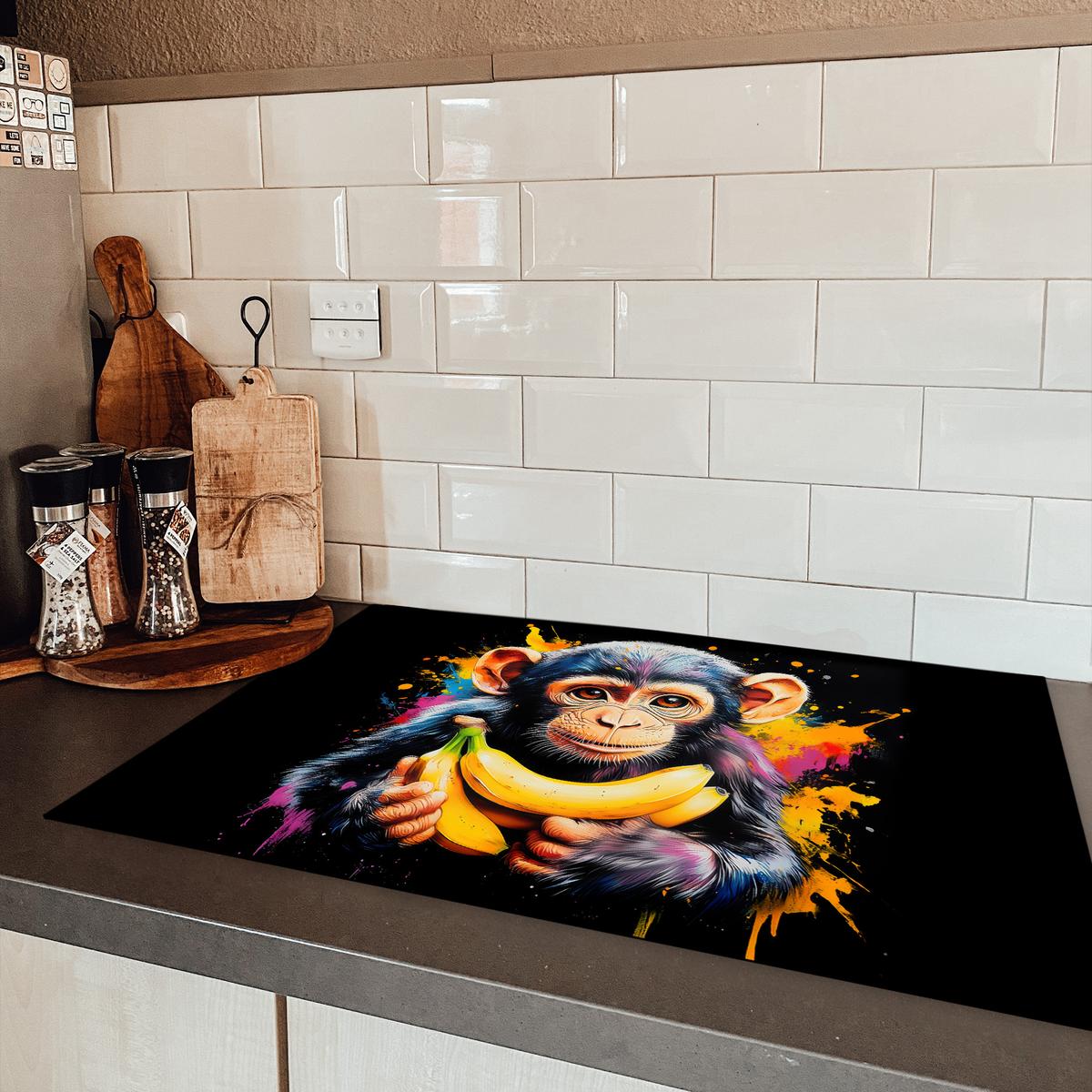 HERDABDECKPLATTE Affe - Graffiti - Farbenfroh - Bananen - Modern Induktionsschutz 80x52.2 cm - Gelb, Kunststoff (80.2/52.2/0.2cm) - MuchoWow