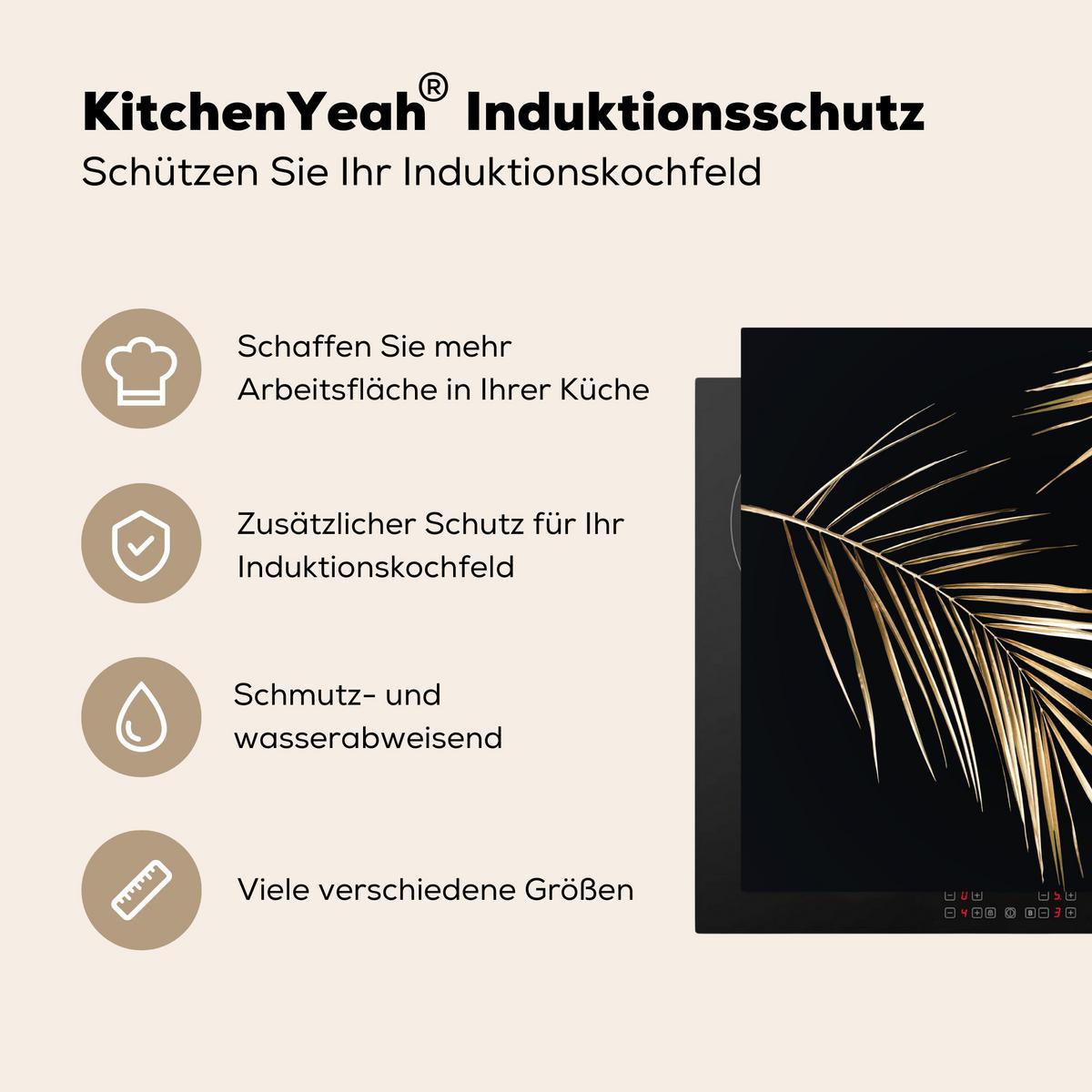 HERDABDECKPLATTE Blätter - Pflanzen - Gold - Schwarz - Luxus Abdeckung Ceranfeld 57.6x51.6 cm - Goldfarben, Kunststoff (57.6/51.6/0.2cm) - MuchoWow
