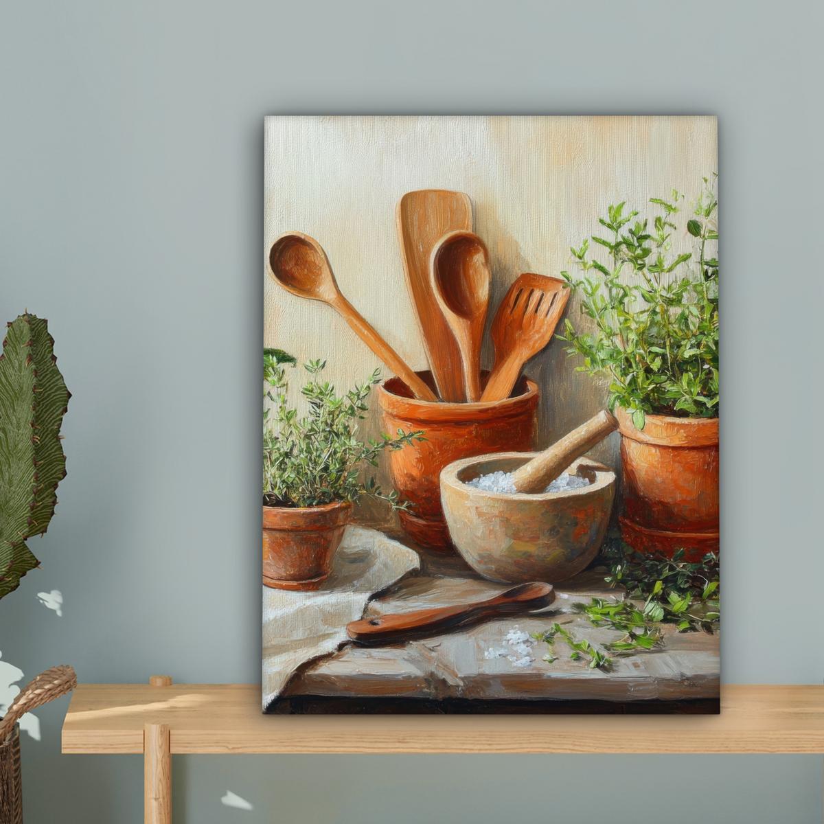 LEINWANDBILD Töpfe - Kräuter - Holz Room Decor 30x40 cm - Terracotta, Textil (30/40cm) - MuchoWow