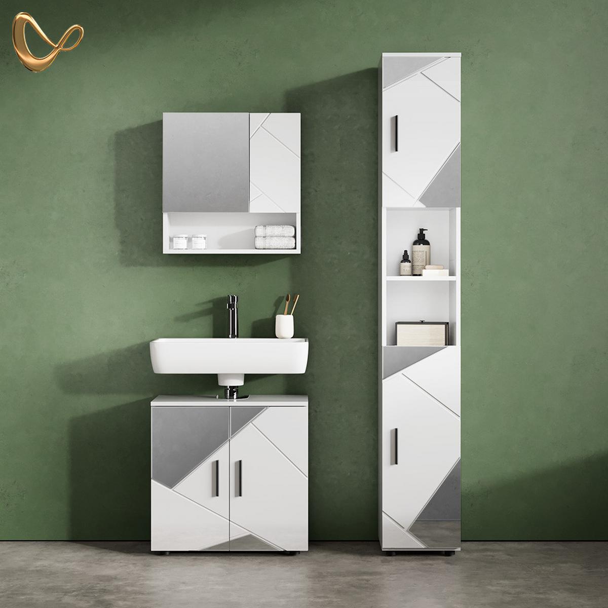 BADSCHRANK Ronco Weiß Hochglanz mit Einsätzen 30 x 192 cm - Weiß Hochglanz/Grau, Holzwerkstoff (30/192/30cm) - Livinity®