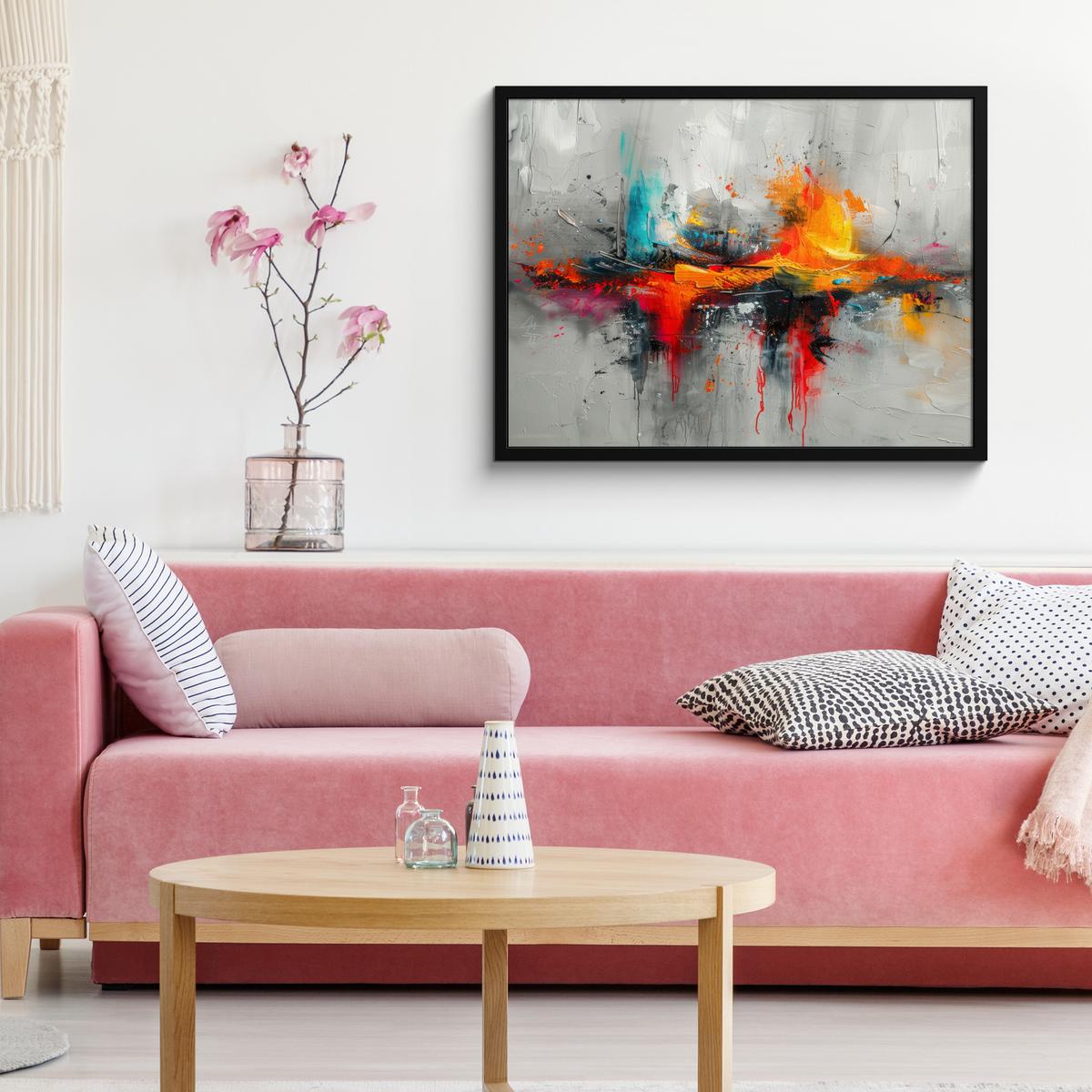 POSTER MIT RAHMENGERAHMTES BILD Moderne Kunst - Orange - Grau - Abstrakt 80x60 cm - Hellgrau, Papier (80/60cm) - MuchoWow