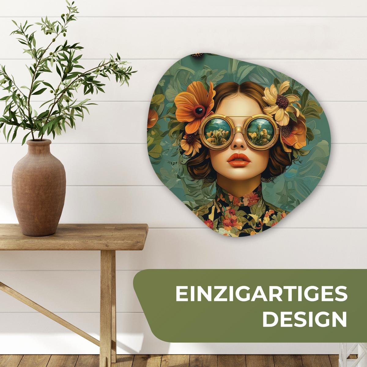WANDBILD Frau - Blumen - Schmetterlinge - Natur - Vintage Wandbild 60x60 cm - Petrol, Kunststoff (60/60cm) - MuchoWow