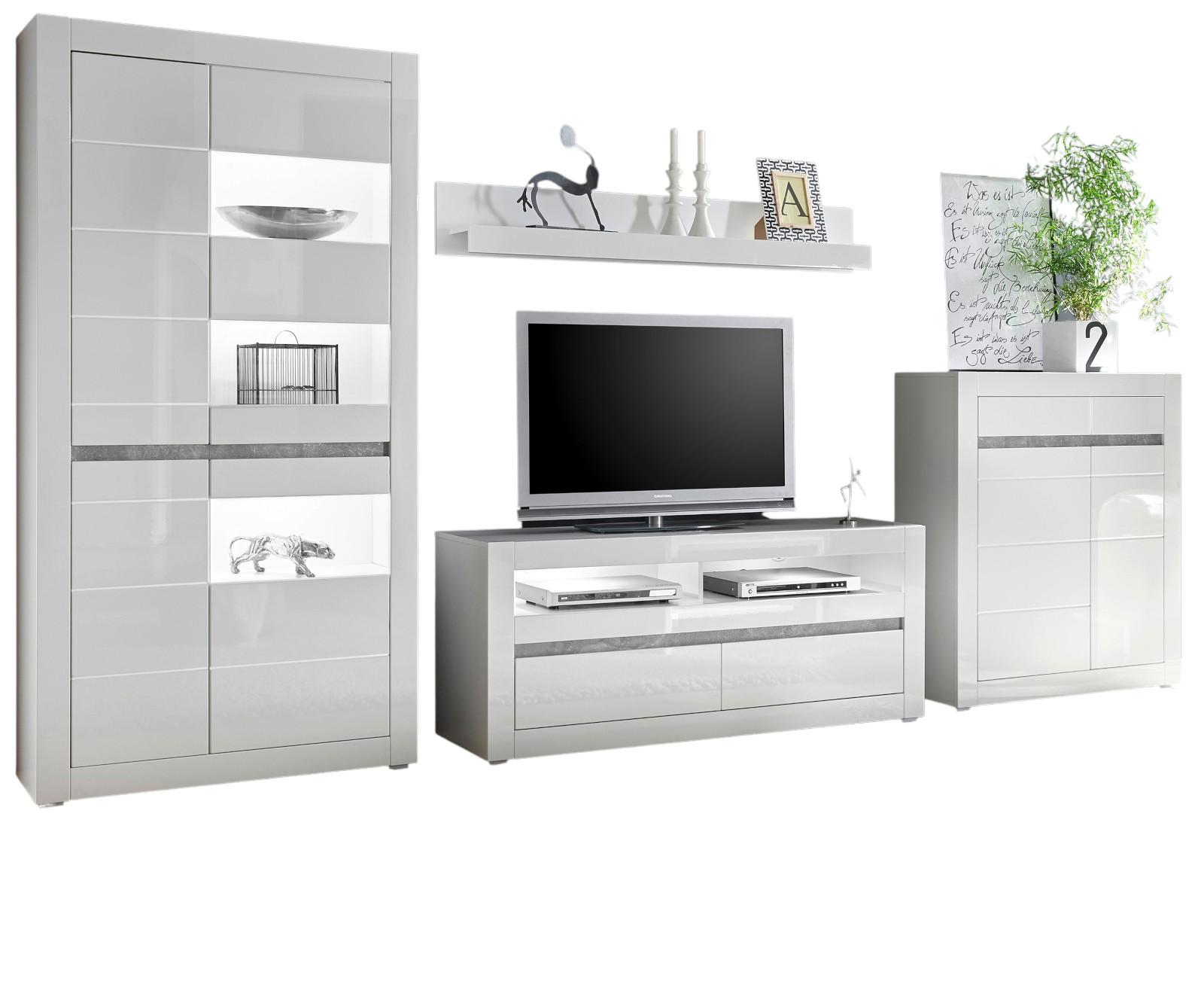 WOHNWAND 4-teilig weiß Hochglanz 370 cm, Schrankwand mit Soft-Close - Weiß Hochglanz/Weiß, Glas/Holz (370/198/42cm) - Furn.Design