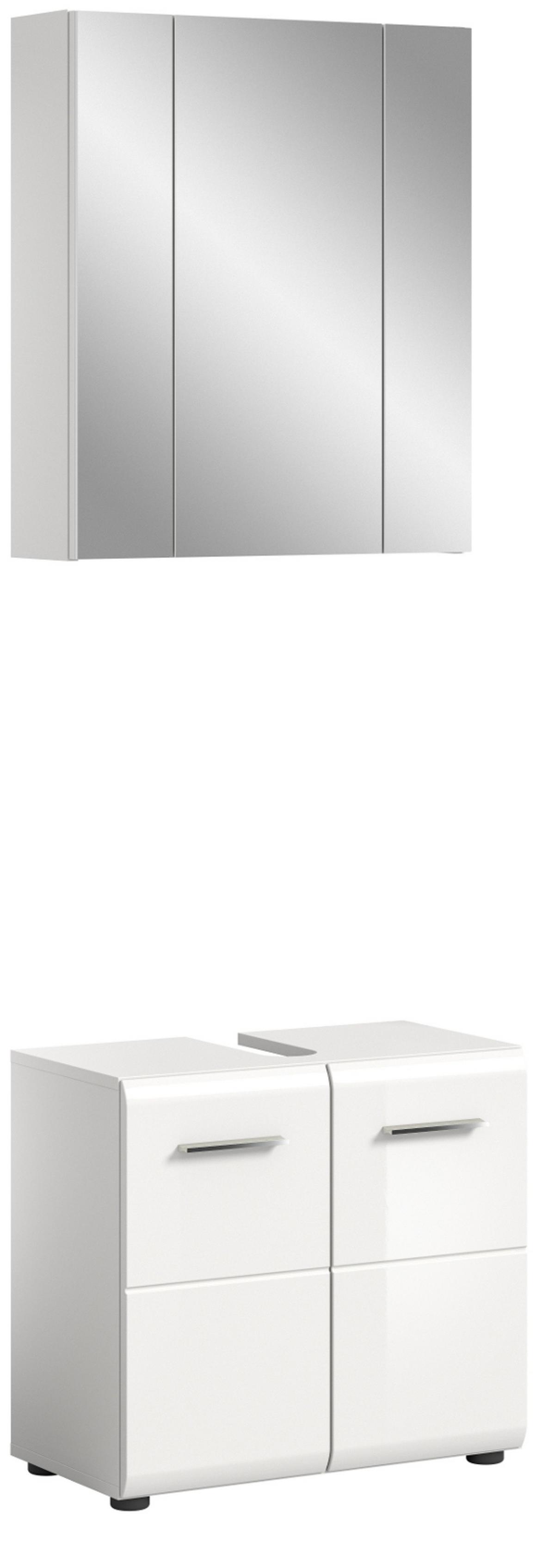 BADMÖBEL-SET weiß Hochglanz 2-teilig, Badkombination 60 cm - Weiß Hochglanz/Silberfarben, Glas/Holzwerkstoff (60/185/30cm) - Inn.Furn