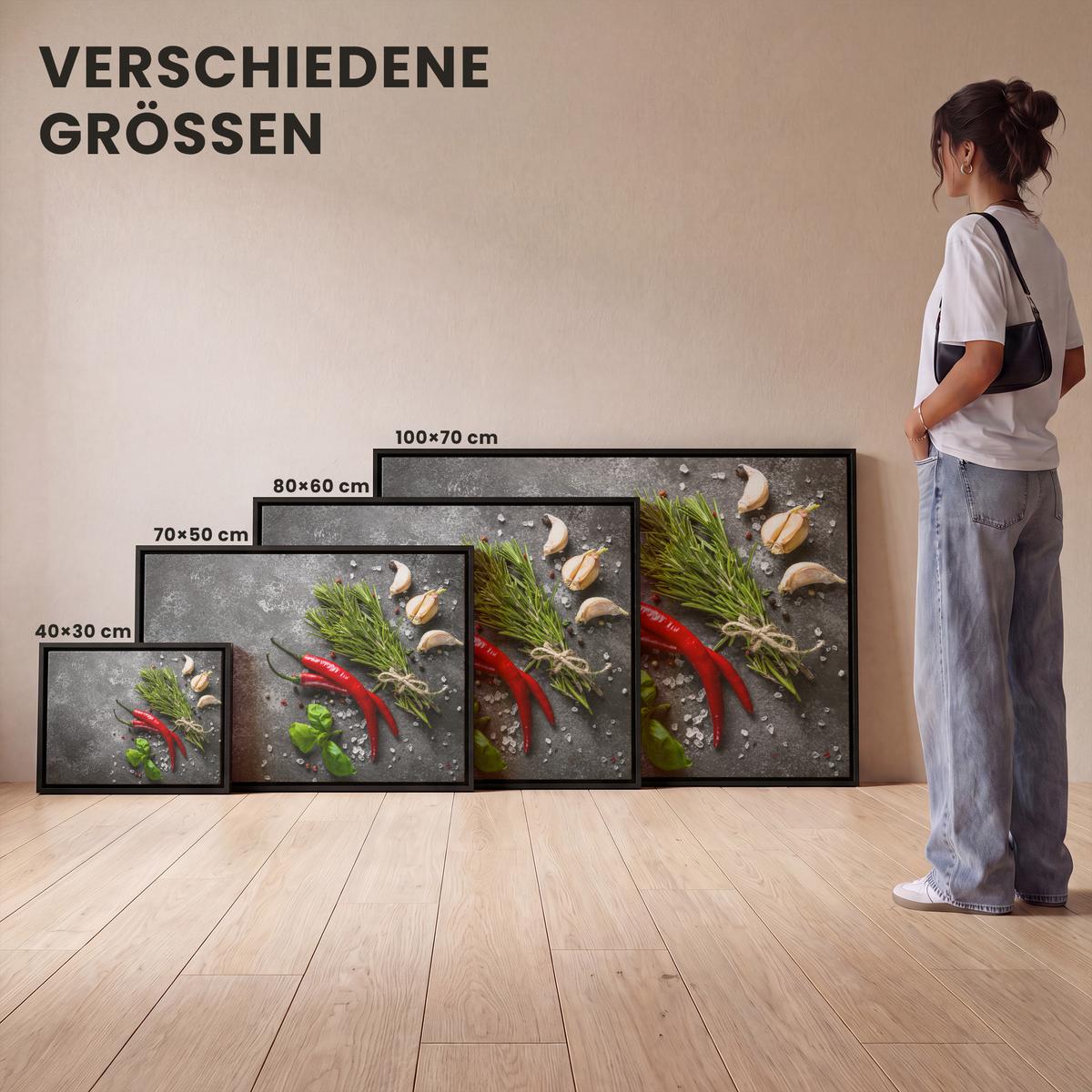 LEINWAND Bilder mit Rahmen - Pfeffer - Kräuter - Gewürze - Beton - 40x30 - Dunkelgrau, Textil (40/30cm) - MuchoWow
