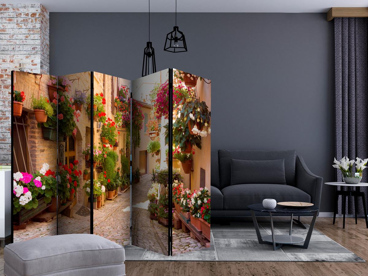 PARAVENT Einseitig Bedruckter 5-tlg 225x172 cm Italienische Gasse Blumen - Multicolor, Holz/Textil (225/172/3cm) - Muralo