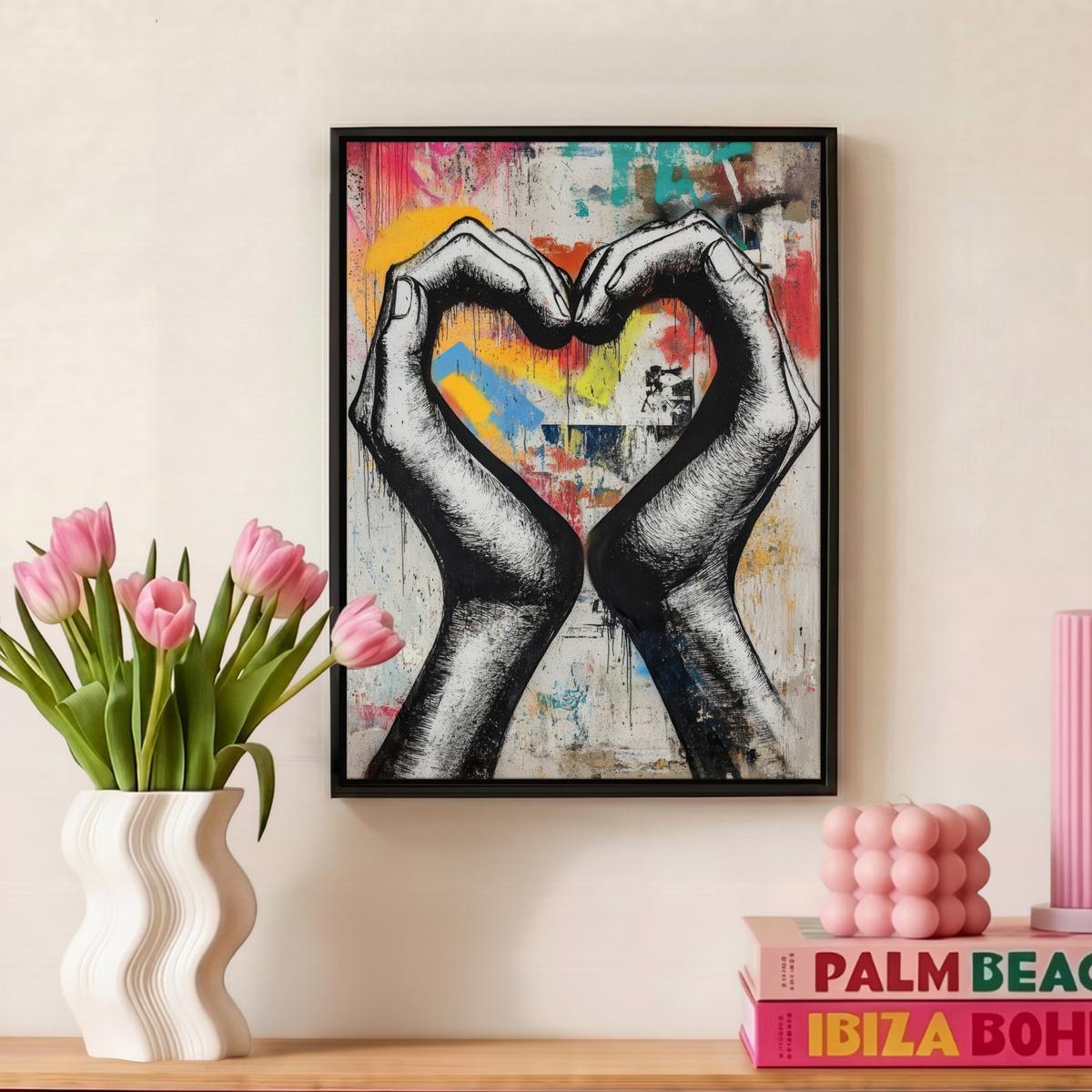 LEINWAND Bilder mit Rahmen - Hände - Herz - Straßenkunst - Graffiti - 30x40 - Multicolor, Textil (30/40cm) - MuchoWow