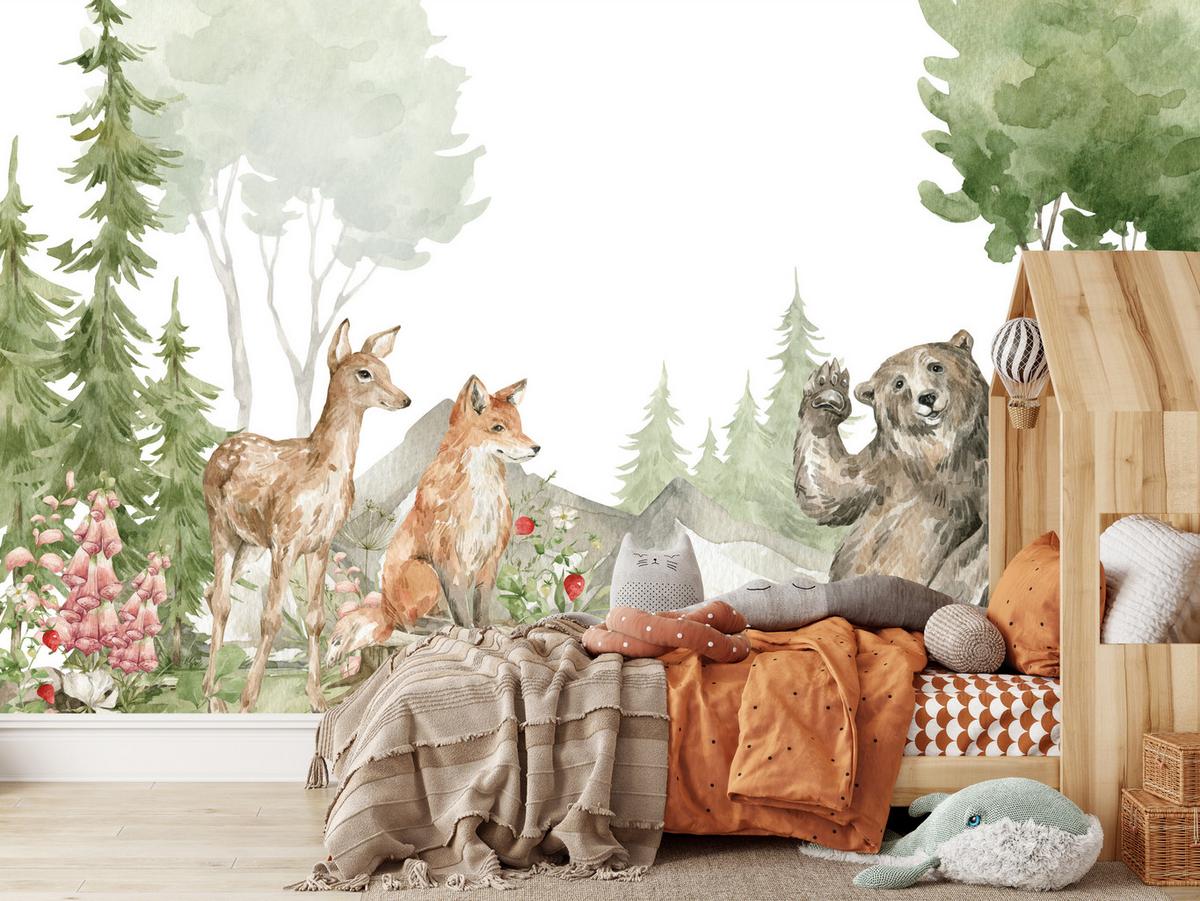 FOTOTAPETE für Kinderzimmer Aquarell Waldtiere Fuchs Reh Tragen 100x70 - Multicolor, Papier (100/70cm) - Muralo