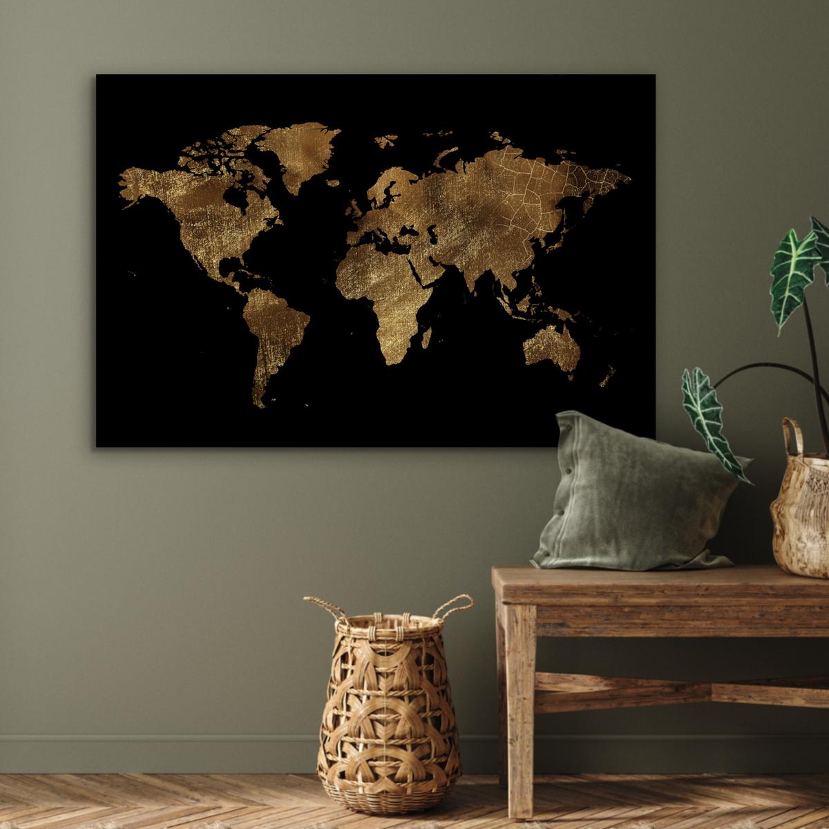 METALLBILD Weltkarte - Gold - Luxus - Erde - Schwarz Deko Groß 120x80 cm - Goldfarben, Metall (120/80cm) - MuchoWow