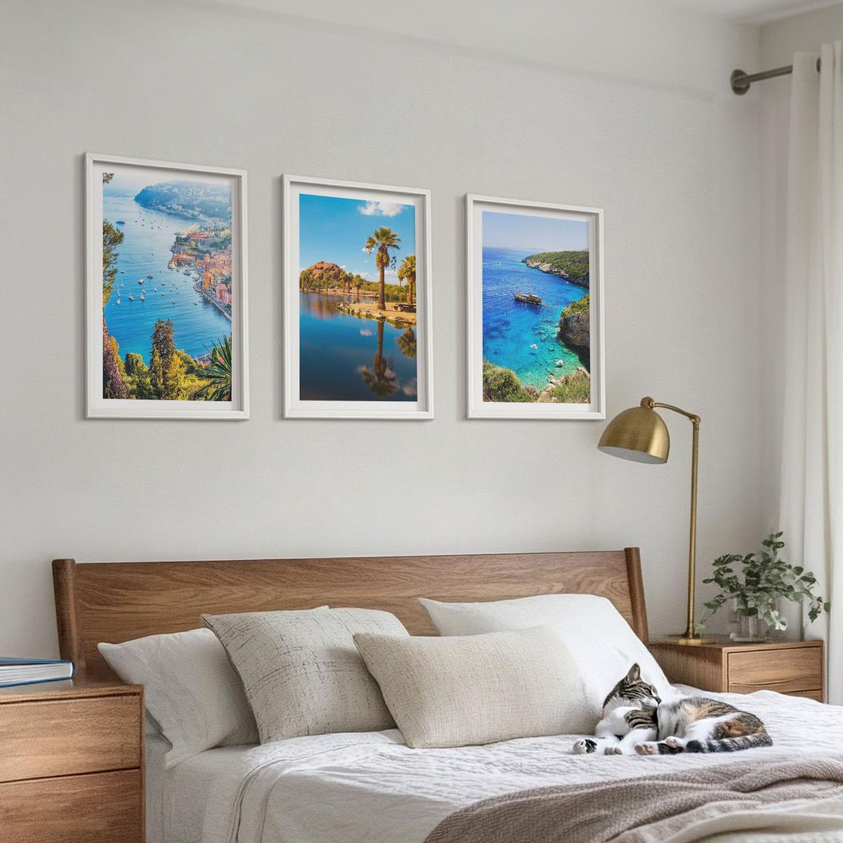 BILDER SET 3er Set - 40x60 cm Weißer Rahmen - Palmen am Meer, blaues Wasser - Weiß, Kunststoff (40/60cm) - TULUP