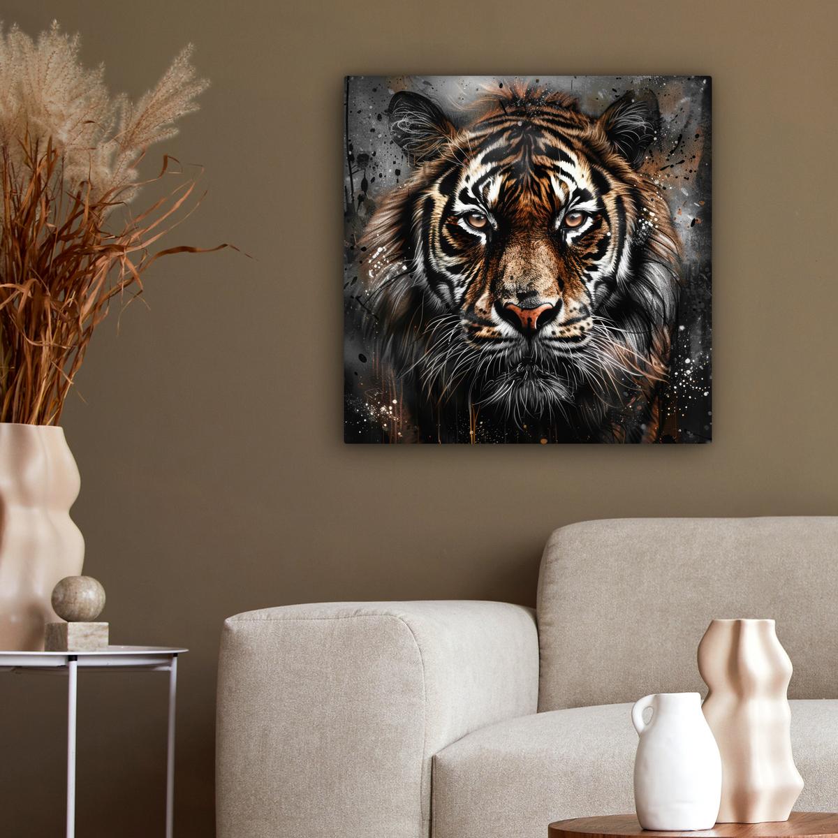 LEINWANDBILD Tiger - Tiere - Porträt - Luxus - Schwarz Wandbild Wohnzimmer 50x50 cm - Anthrazit, Textil (50/50cm) - MuchoWow