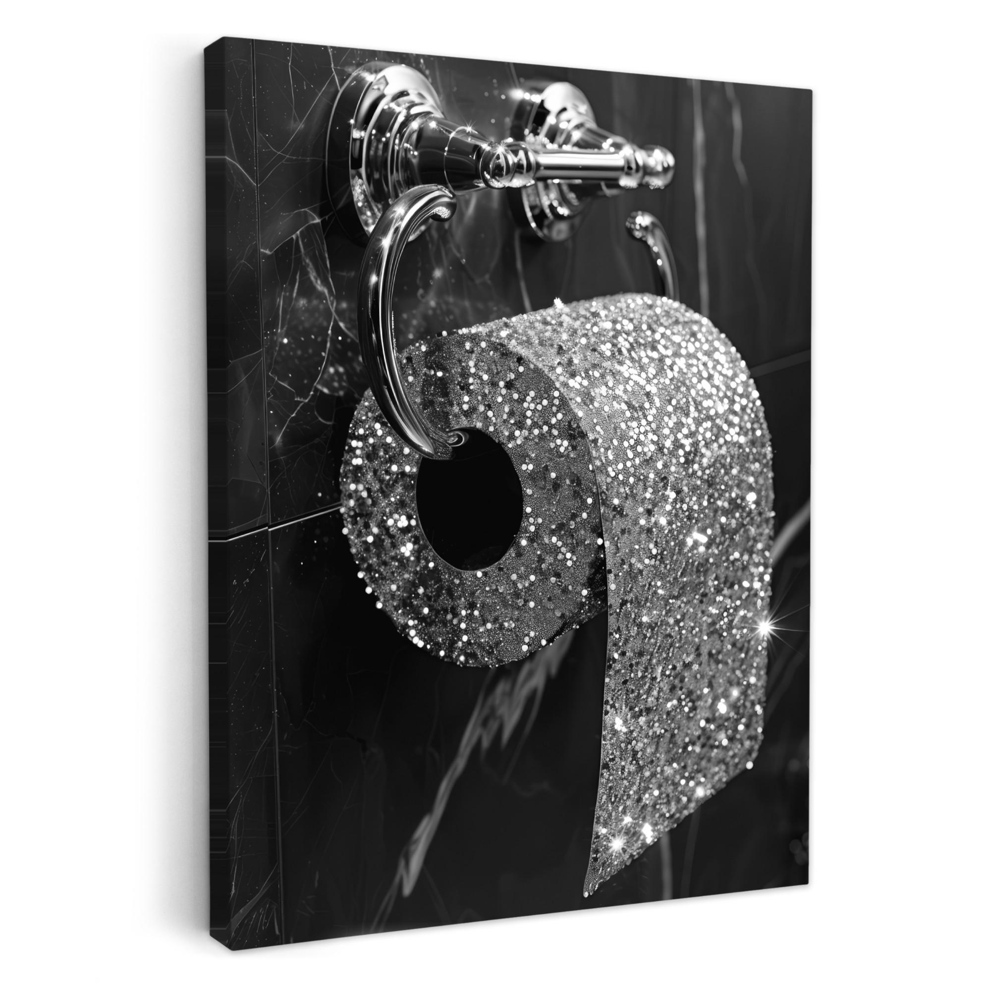 LEINWANDBILD WC - Toilettenpapier - Schwarz und weiß - Glitter Wandbild Wohnzimmer 60x80 cm - Silberfarben, Textil (60/80cm) - MuchoWow