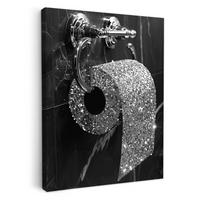LEINWANDBILD WC - Toilettenpapier - Schwarz und weiß - Glitter Wandbild Wohnzimmer 50x70 cm - Silberfarben, Textil (50/70cm) - MuchoWow