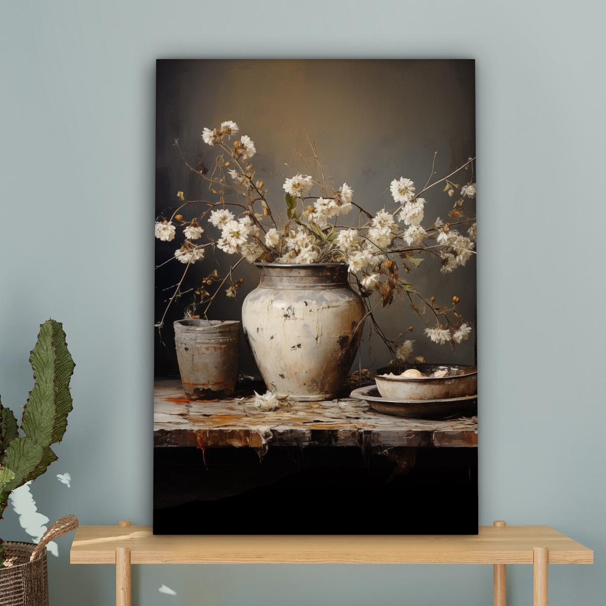 LEINWANDBILD Stilleben - Blumen - Blumenstrauß - Vase - Wein Wanddeko 40x60 cm - Schwarz, Textil (40/60cm) - MuchoWow