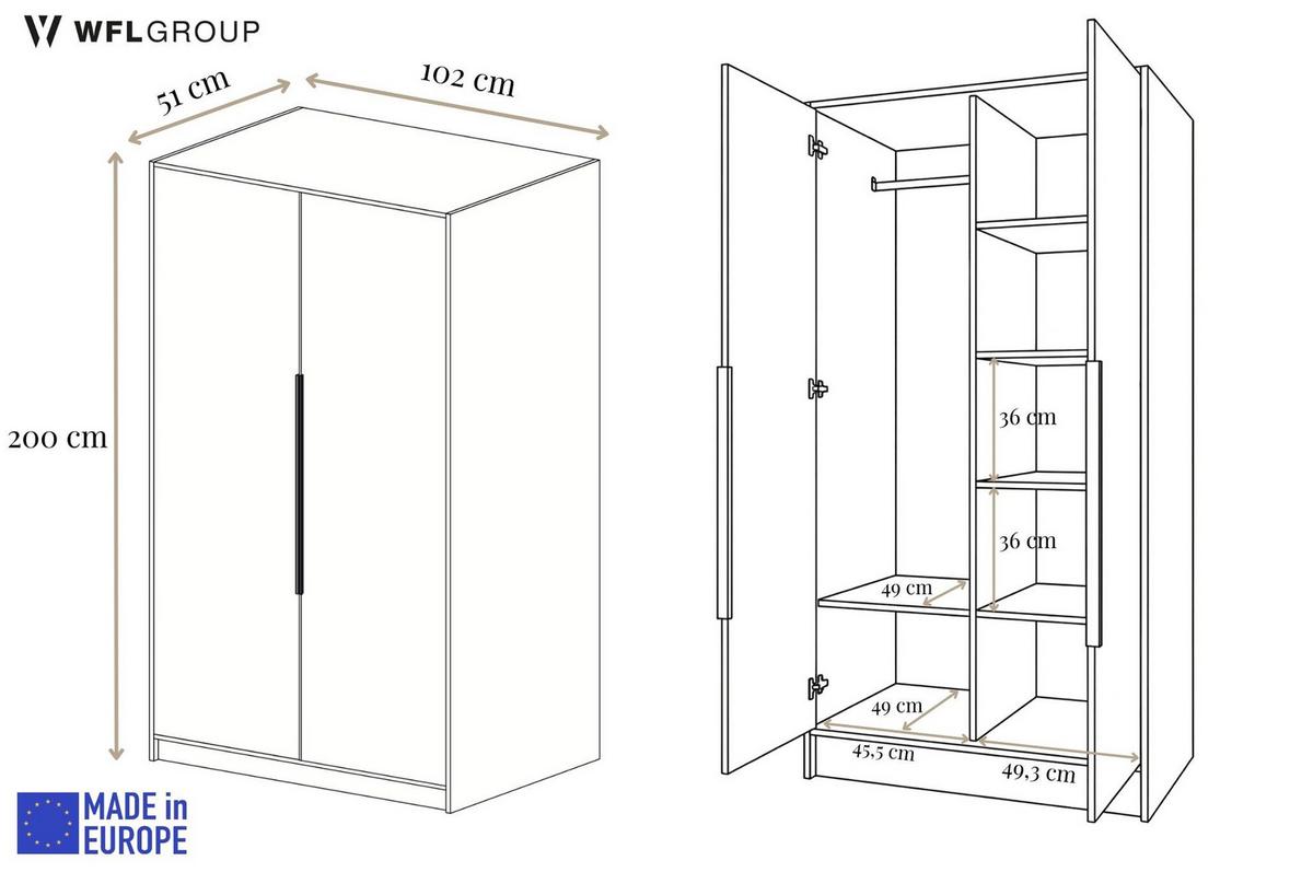 KLEIDERSCHRANK Mono Lux mit Speigel, Drehtüren mit Schwarze Metallgriffe, Weiß 102/200/51 cm - Weiß, Holzwerkstoff (102/200/51cm) - WFL GROUP