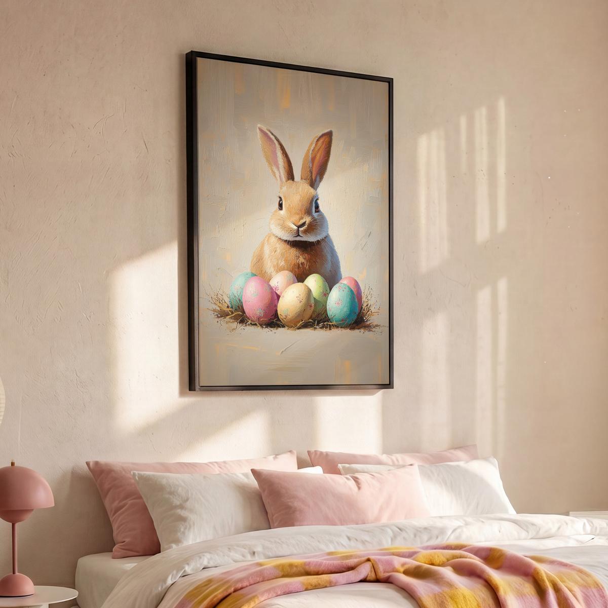 LEINWAND Bilder mit Rahmen - Osterhase - Pastell - Eier - 100x150 - Beige, Textil (100/150cm) - MuchoWow