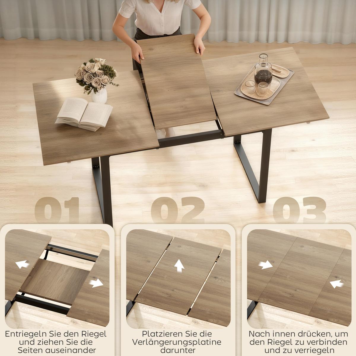 AUSZIEHBARER-ESSTISCH MDF Stahl Naturholz - Schwarz/Naturfarben, Holzwerkstoff/Metall (180/80/75cm) - HOMCOM