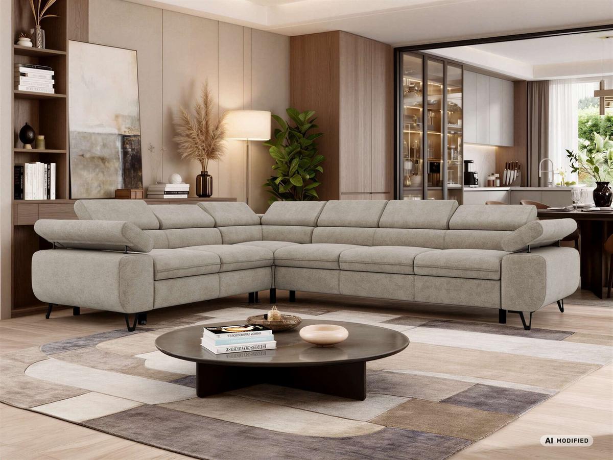 ECKSOFA NORDEN L - Greige Stukture - Rechts Seite - Greige/Schwarz, Textil/Metall (329/269cm) - MKS