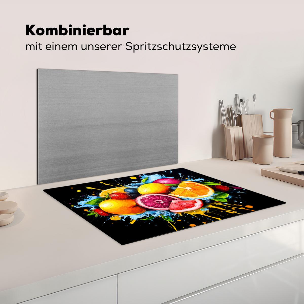 HERDABDECKPLATTE Obst - Graffiti - Bunt - Orange - Erdbeere - Abstrakt Induktionsmatte 71x52 cm - Orange, Kunststoff (71/52/0.2cm) - MuchoWow