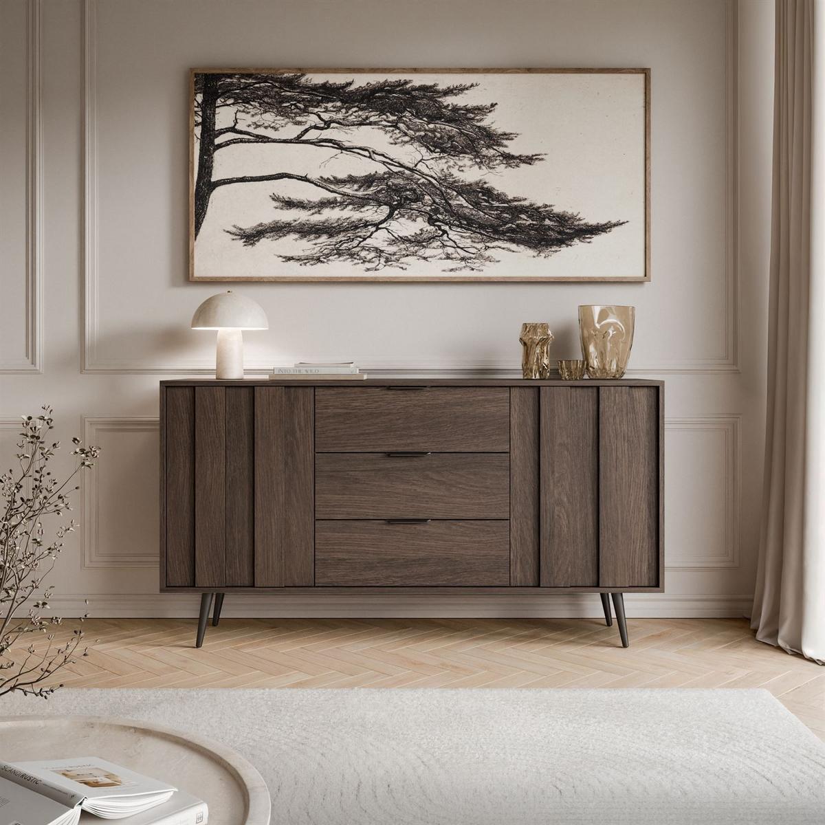 KOMMODE ALMA 2D3S mit LED-Beleuchtung - Eichefarben/Schwarz, Holzwerkstoff (183/88/40cm) - Lookway