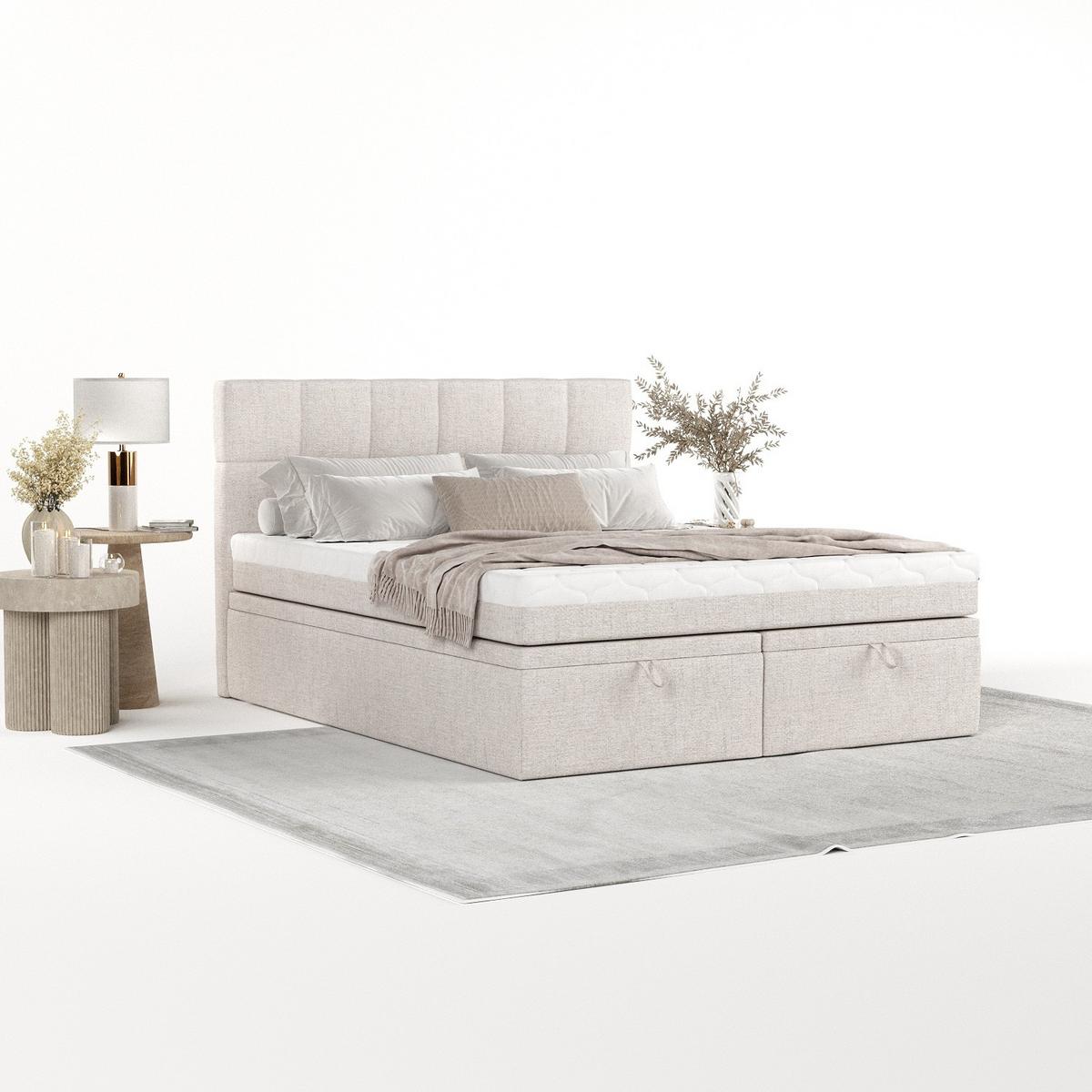 BOXBETT Elano 180/200 cm Hellbeige im Neve Stoff - Sandfarben/Schwarz, Holz/Holzwerkstoff (180/200cm) - AltaBeds