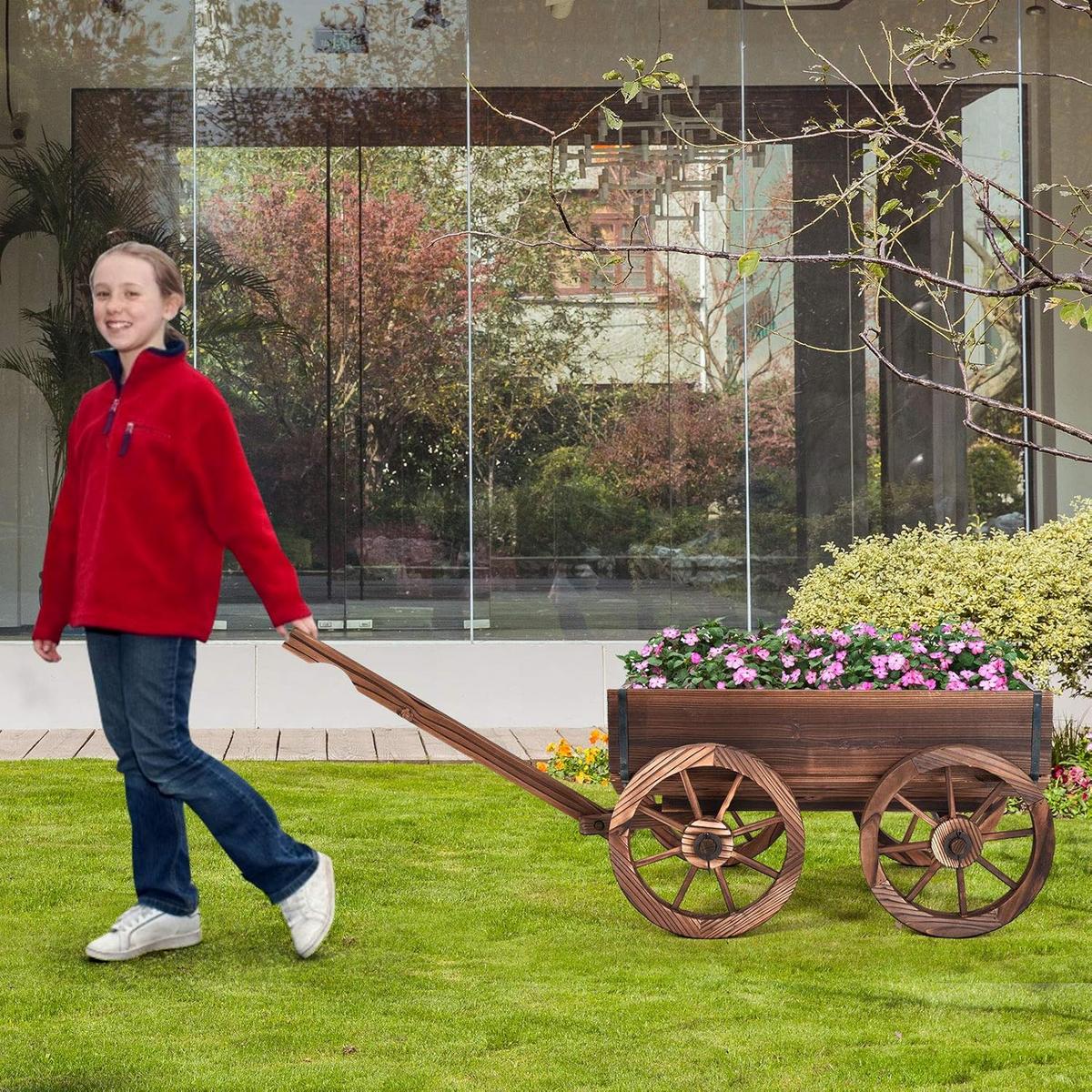 BLUMENWAGEN Holz, Pflanzwagen 4 Rädern Braun - Braun, Holz (120/54/43cm) - COSTWAY