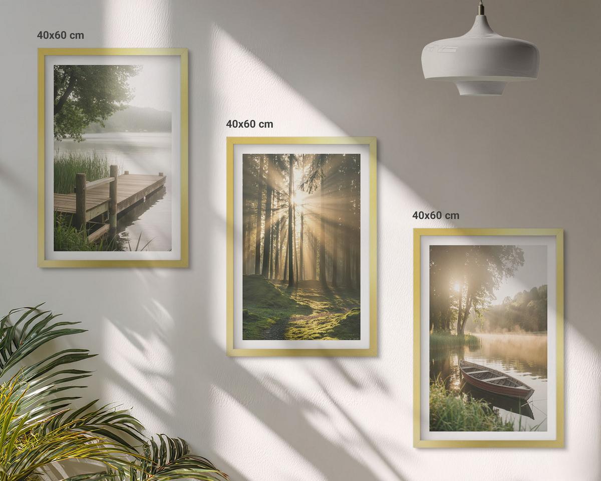 BILDER SET 3er Set - 40x60 cm Goldrahmen - See, Wald, Boot, Morgennebel - Goldfarben, Kunststoff (40/60cm) - TULUP