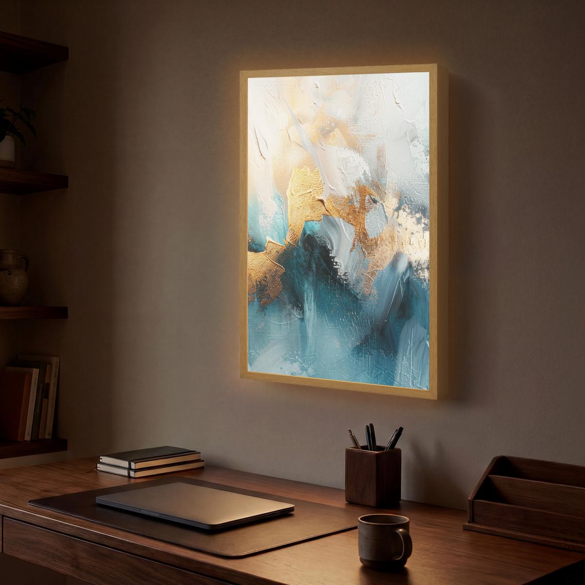 WANDLEUCHTE MIT AKKU Abstrakt - Kunst - Gold - Blau 40x60 cm - Türkis, Holzwerkstoff (40/60/8cm) - OnlyWow