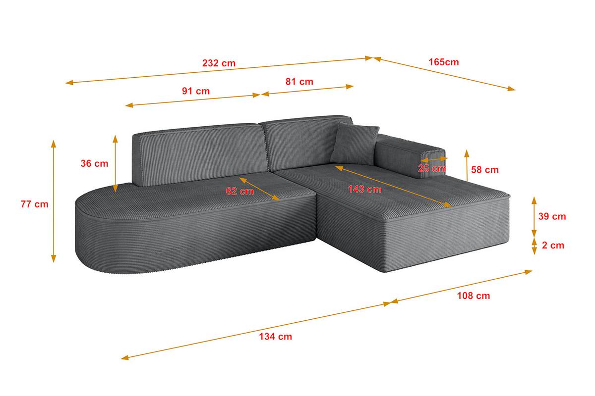 ECKSOFA Ottomane Rechts IREA-L1-v4 - 232x165x77 cm Duneklgrau - Dunkelgrau, Holzwerkstoff/Textil (232/165cm) - ALTDECOR