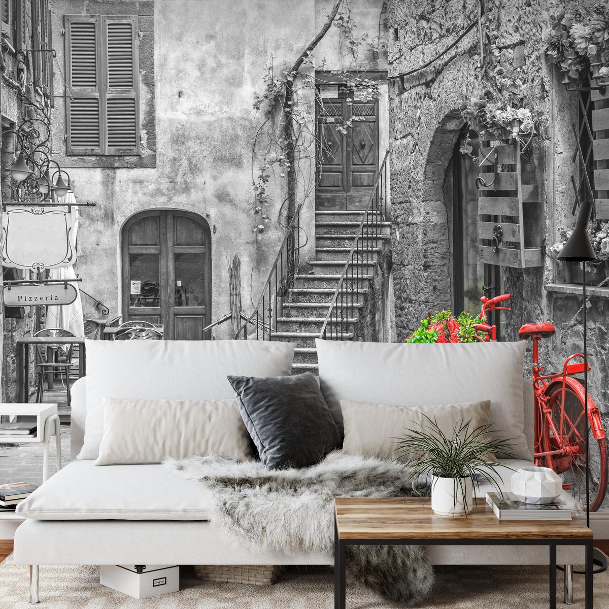 FOTOTAPETE für Wohnzimmer Italienische Gasse Rotes Fahrrad Toskana 400x280 - Rot/Schwarz, Papier (400/280cm) - Muralo