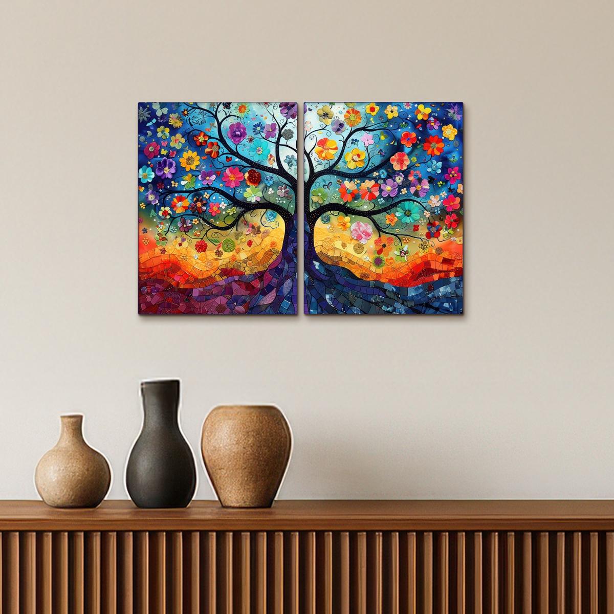 LEINWANDBILD 2er Set Bunt - Baum des Lebens - Blumen - Abstrakt 60x40 cm - Blau, Textil (60/40cm) - MuchoWow
