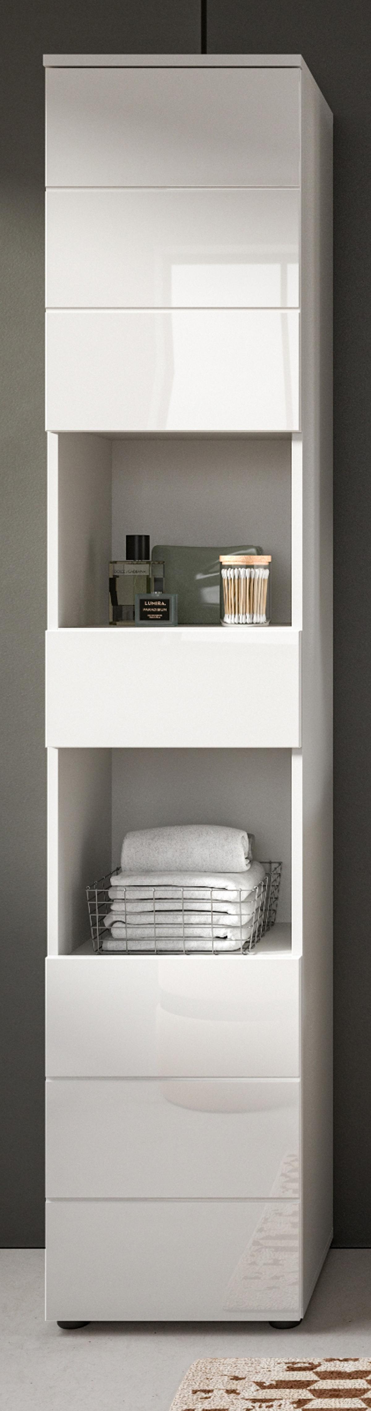 BADSCHRANK weiß Hochglanz 38 x 190 cm, Hochschrank mit viel Stauraum - Weiß Hochglanz/Schwarz, Holzwerkstoff/Kunststoff (38/190/34cm) - Inn.Furn