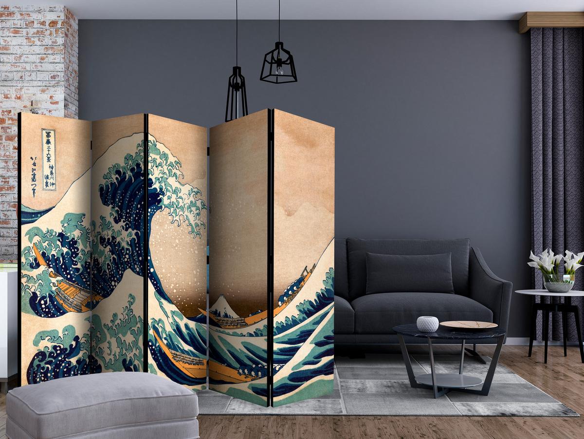 PARAVENT Akustik 5-tlg 225x172 cm Meereswellen im Japanischen - Multicolor, Holz/Textil (225/172/3cm) - Muralo