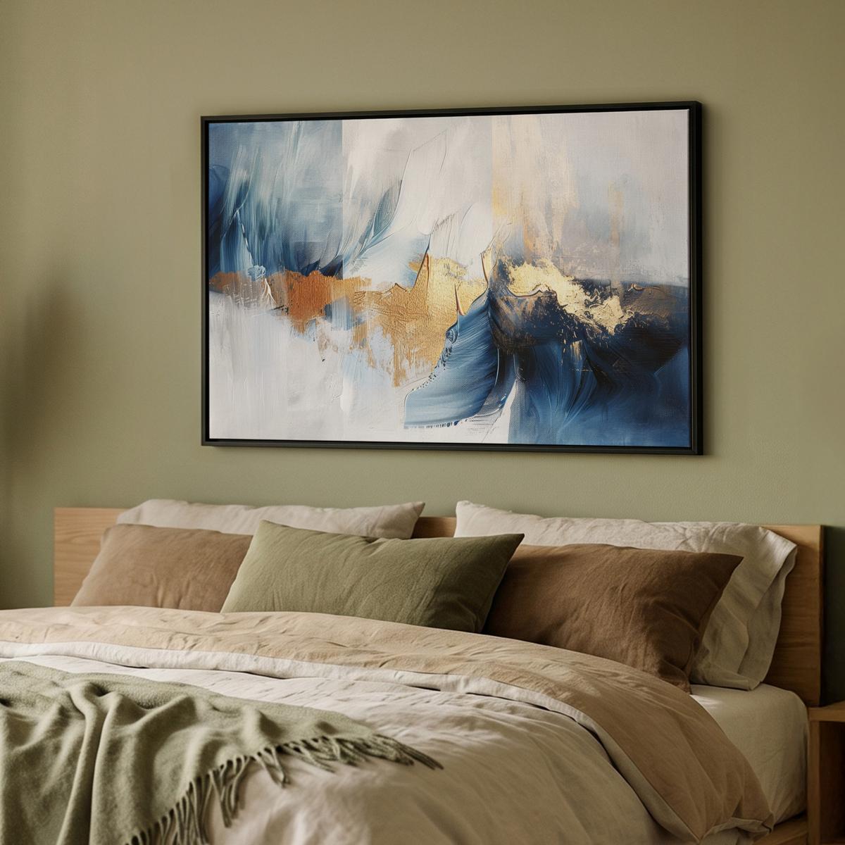LEINWAND Bilder mit Rahmen - Gold - Blau - Aquarell - Kunst - Modern - 90x60 - Hellblau, Textil (90/60cm) - MuchoWow