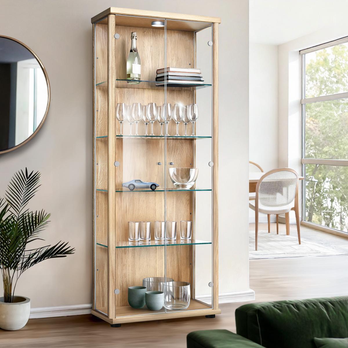 VITRINE 33/67/176 cm mit LED & 4 höhenverstellbaren Glasböden - Transparent/Silberfarben, Glas/Holzwerkstoff (67/176/33cm) - K-Möbel