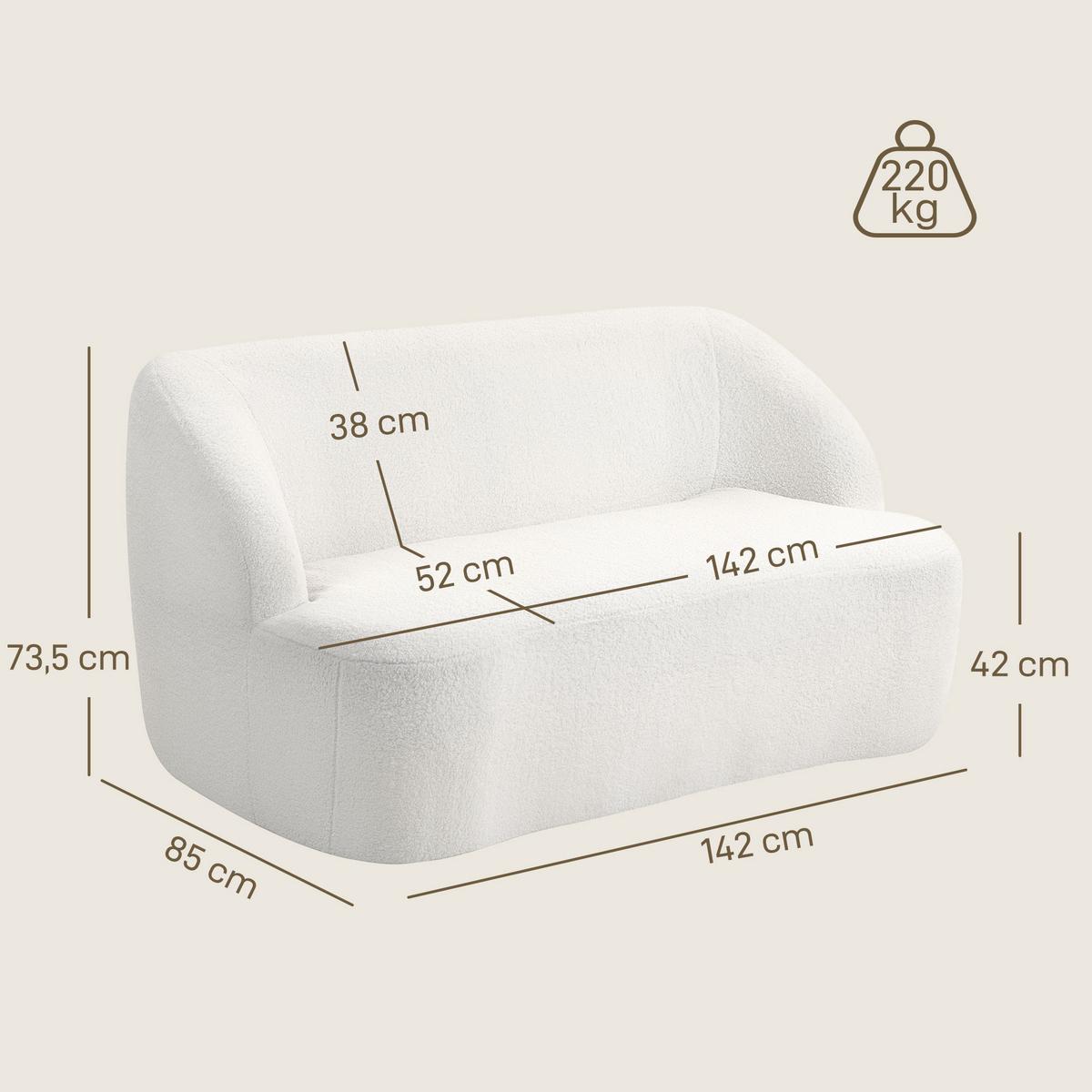 SOFA 2-Sitzer 142 cm Couch Polstersofa mit Armlehne, geschwungenem Design Creme - Weiß, Kunststoff (85/73.5/142cm) - HOMCOM