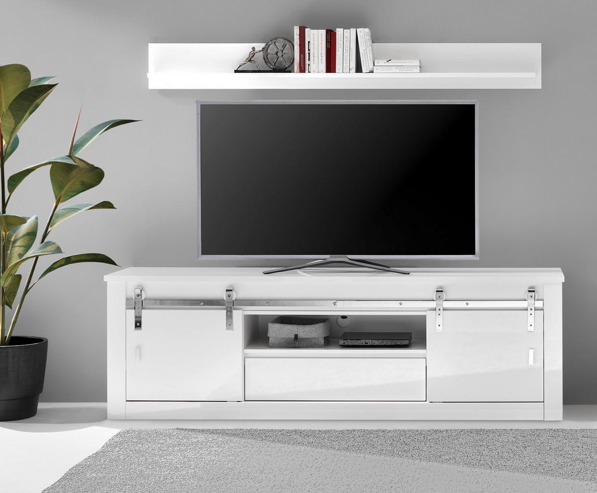 TV-LOWBOARD weiß Hochglanz 201 x 66 cm, TV Unterteil in Komforthöhe mit Soft-Close - Chromfarben/Weiß Hochglanz, Holzwerkstoff/Kunststoff (201/66/43cm) - Furn.Design