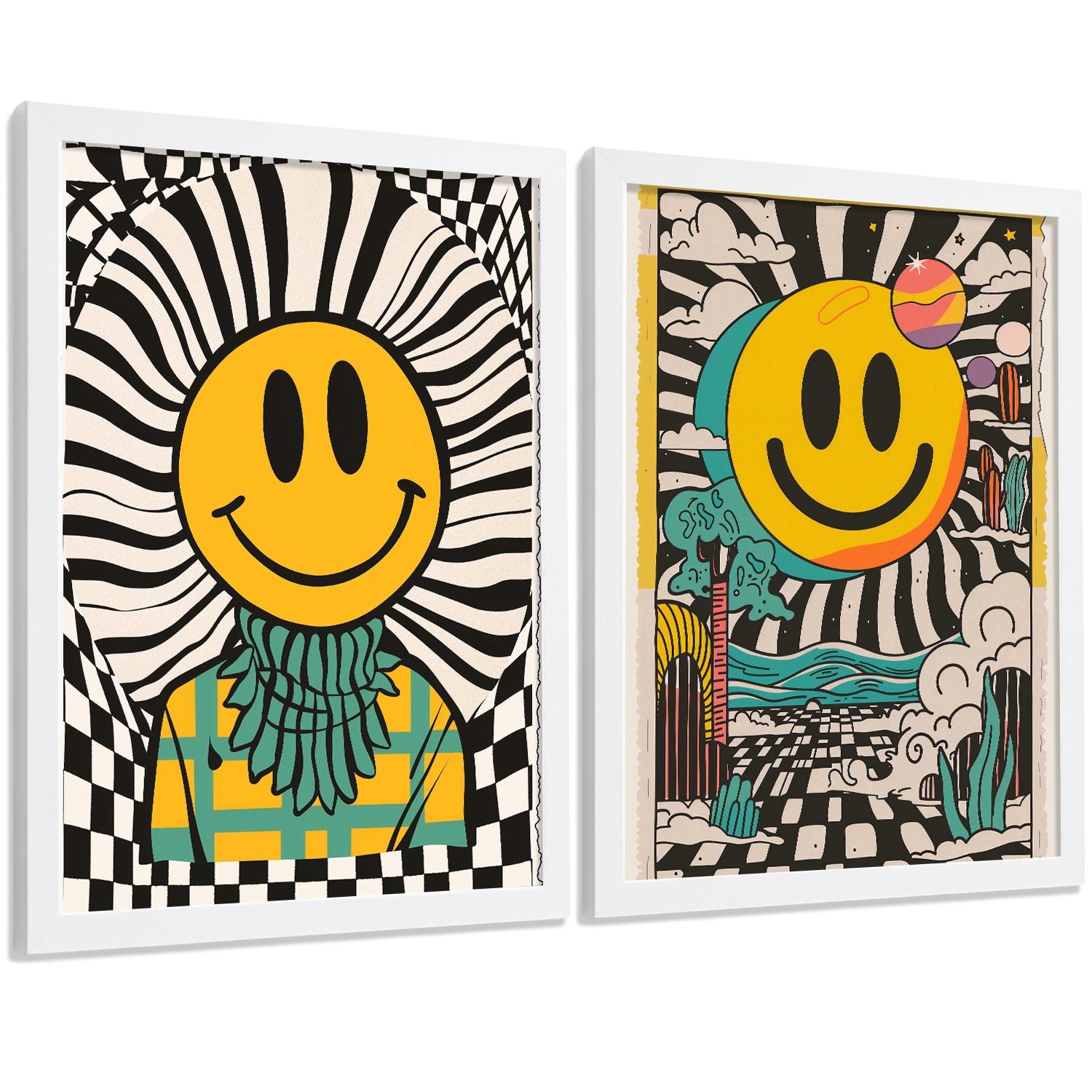 POSTER 4er Kunstdruck-Set Wandbilder Smiley Emoji modern Wohnzimmer Deko, Schlafzimmer, Küche, Badezimmer Weißer Rahmen A3 - Weiß, Papier (29.7/1/42cm) - Nacnic