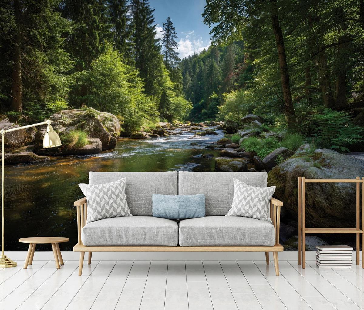 FOTOTAPETE Wald Fluss Grün 350x250 cm - Multicolor, Papier (350/250cm) - Wallarena