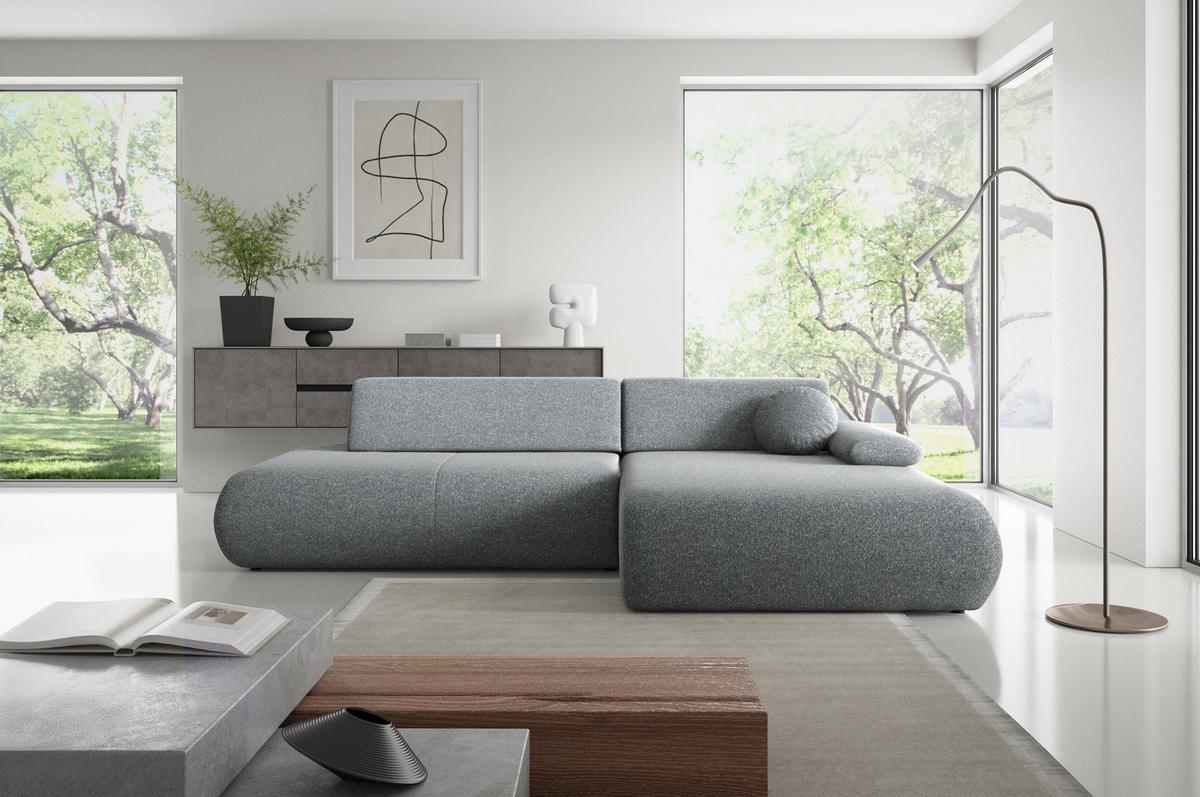 ECKSOFA DELTA R-S Grau Geflochtener Stoff mit Schlaffunktion - Grau, Holz (286/173.5cm) - MASSENO