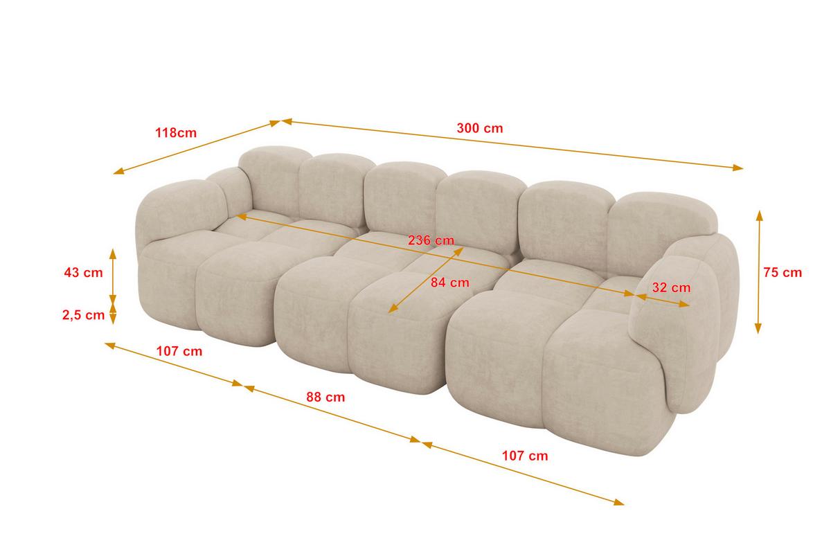 3-SITZER modulares Sofa Miko-S2 300x118x75 cm Beige Velours - Ecru/Schwarz, Holzwerkstoff/Kunststoff (300/75/118cm) - ALTDECOR