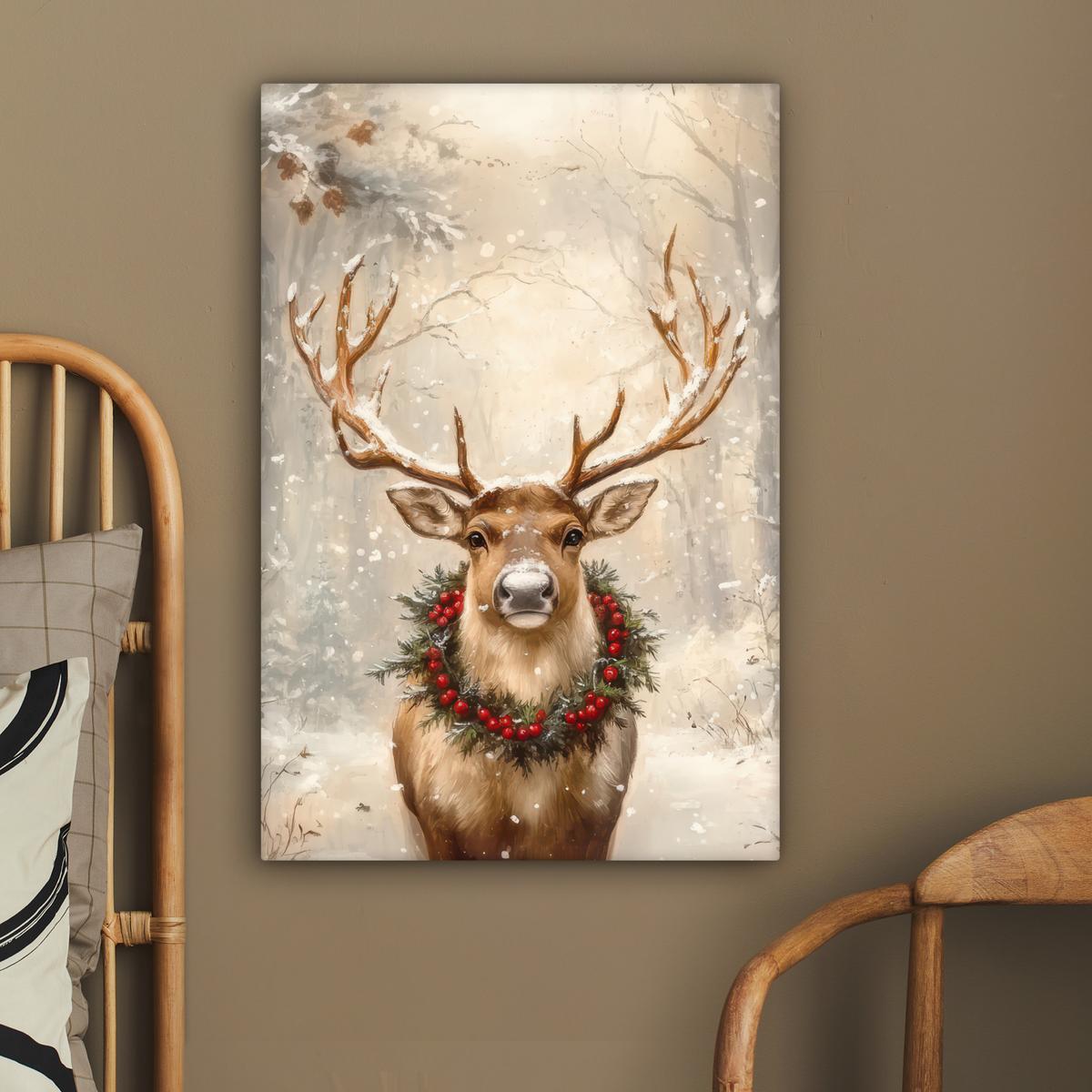 LEINWANDBILD Weihnachten - Rentier - Winter - Kranz Wanddeko Schlafzimmer 60x90 cm - Naturfarben, Textil (60/90cm) - MuchoWow
