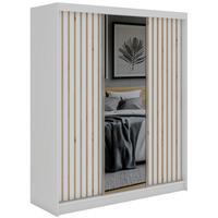 SCHWEBETÜRENSCHRANK mit Spiegel und Schubladen LAOS - 180 - Weiß - Eiche Artisan Lamellen - Alufarben/Weiß, Holzwerkstoff/Metall (180/216/61cm) - MKS