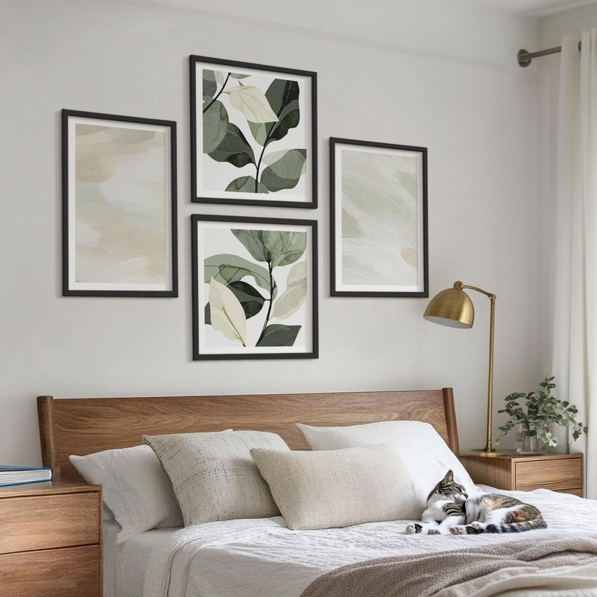 BILDER SET 4er Set - 50x50 cm & 40x60 cm Schwarzer Rahmen - Leuchtende, abstrakte Boho-Farben - Schwarz, Kunststoff (50/50cm) - TULUP
