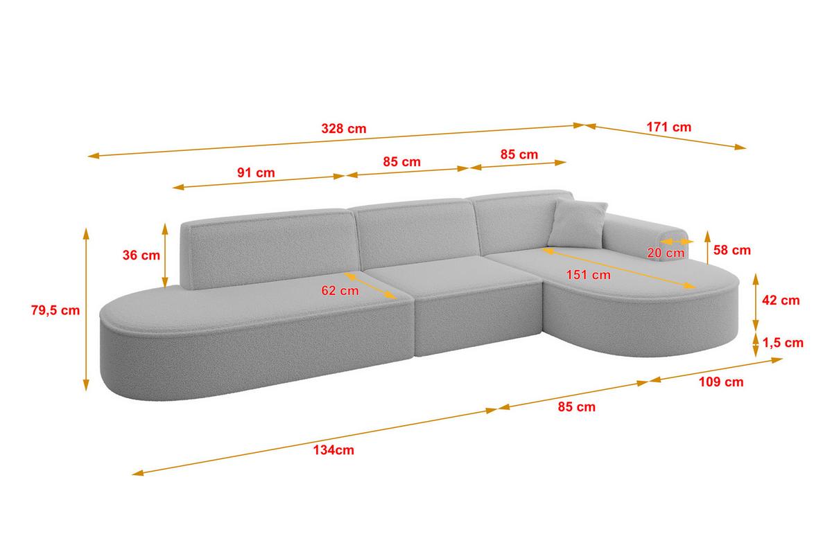 ECKSOFA Ottomane Rechts MARI-L2 - 328x171x79 cm Hellgrau Bouclé - Hellgrau/Schwarz, Holzwerkstoff/Kunststoff (171/328cm) - ALTDECOR