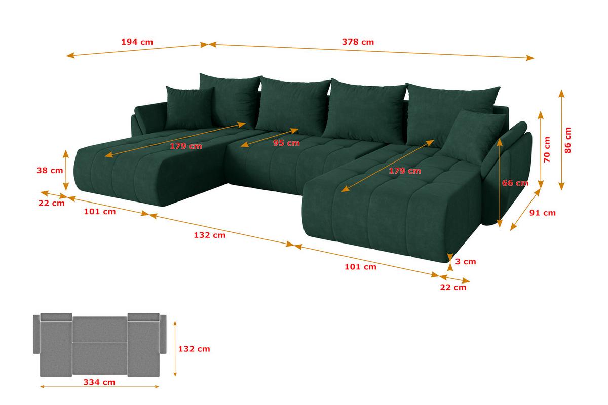WOHNLANDSCHAFT mit Schlaffunktion und Bettkasten TOKO-U 378x194x86 Grün Velours - Schwarz/Grün, Holzwerkstoff/Kunststoff (378/86/194cm) - ALTDECOR