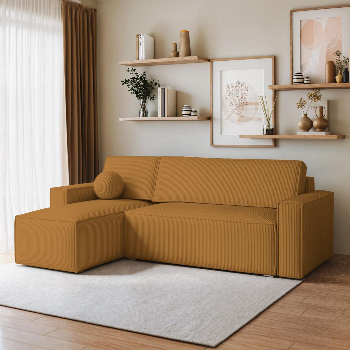 ECKSOFA RAVELO P Gelb Kordstoff mit Schlaffunktion - Gelb/Grau, Holz/Kunststoff (240/140cm) - MASSENO