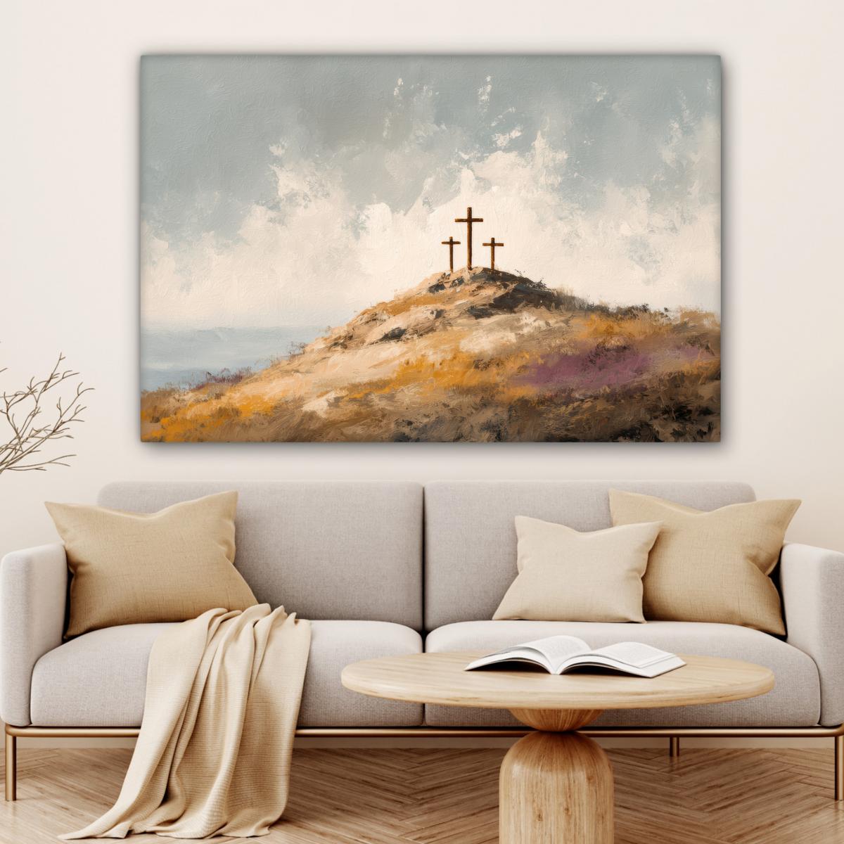 LEINWANDBILD Hügel - Abstrakt - Christentum - Kreuz Wohnzimmer Groß 120x80 cm - Hellgrau, Textil (120/80cm) - MuchoWow