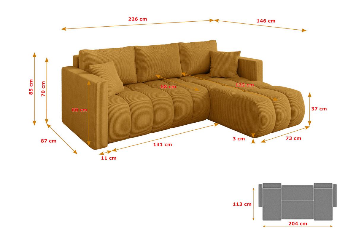 ECKSOFA mit Schlaffunktion Ottomane Rechts GARD-L 226x146x85 Senfgelb Cord - Dunkelgelb/Schwarz, Holzwerkstoff/Kunststoff (226/146cm) - ALTDECOR